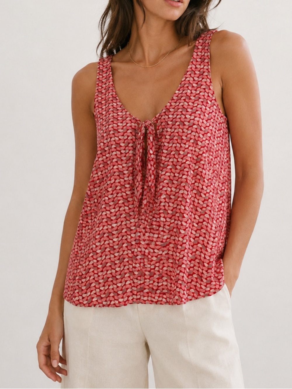 Anthropologie Maeve Verana Tie Front Tank Y2K Retro Geometric Pink Red XS